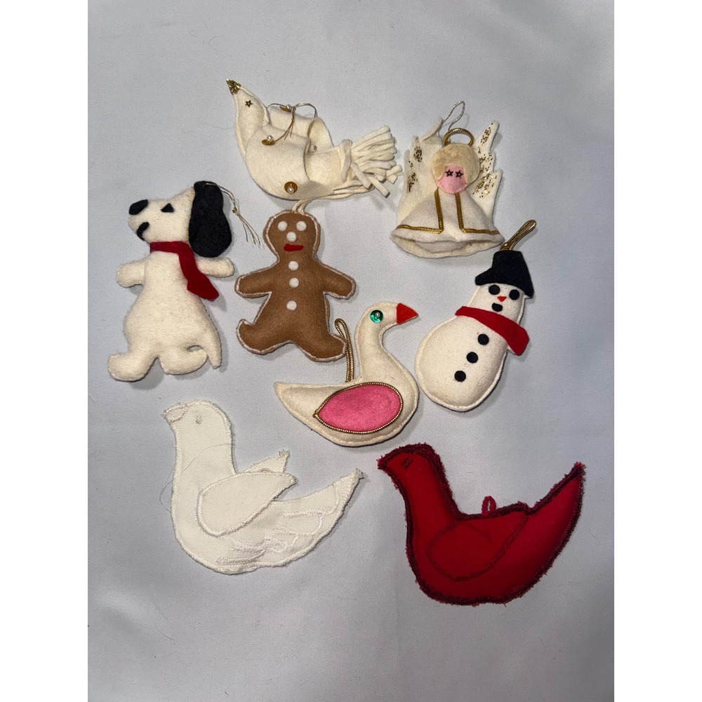 Vintage Handmade Felt Christmas Ornaments Lot Snowman Angel Gingerbread Bird Dog